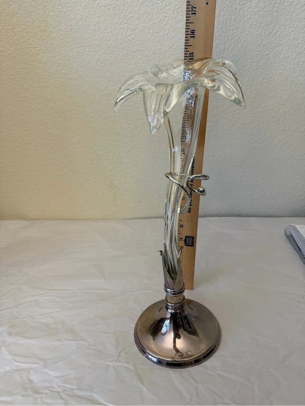 Vintage Clear Glass lily in bloom Vase with patina Silver-Tone Base patina